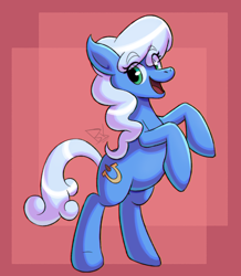 Size: 1736x1994 | Tagged: safe, artist:bkiltersot, cloudy morning, earth pony, pony, g4, abstract background, bipedal, blue coat, female, green eyes, looking at you, mare, open mouth, rearing, red background, smiling, solo, white mane