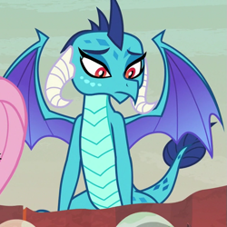 Size: 625x625 | Tagged: safe, screencap, fluttershy, princess ember, dragon, g4, sweet and smoky, cropped, dragon egg, dragoness, duo, duo female, egg, female, solo focus