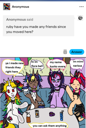 Size: 1109x1653 | Tagged: safe, artist:ask-luciavampire, oc, oc only, oc:flora bell, oc:kyoko evera, oc:mimi nerissa, oc:ruby flare, earth pony, pegasus, pony, undead, unicorn, vampire, vampony, ask, drink, friends, horn, speech bubble, tumblr