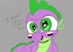 Size: 1754x1240 | Tagged: safe, artist:jully-park, spike, dragon, g4, gray background, nonbinary, nonbinary pride flag, nonbinary spike, pride, pride flag, simple background, solo, wingless spike