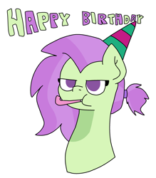 Size: 2383x2720 | Tagged: safe, artist:naggfruit, oc, oc only, oc:lavender charm, earth pony, g4, crack ship offspring, earth pony oc, female, hat, mare, offspring, parent:marble pie, parent:trouble shoes, parents:marbleshoes, party hat, party horn, pixel-crisp art, simple background, solo, white background