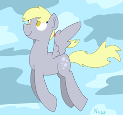 Size: 3200x2980 | Tagged: safe, artist:naggfruit, derpy hooves, pegasus, g4, female, flying, mare, ponytail, signature, sky background, solo