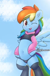 Size: 2000x3000 | Tagged: safe, artist:yelowcrom, rainbow dash, pegasus, pony, g4, adorasexy, belly, belly button, bipedal, clothes, cute, female, hoodie, mare, paggi outfit, panties, sexy, socks, solo, thigh highs, underwear, wings