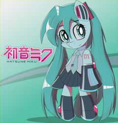 Size: 2400x2500 | Tagged: safe, artist:trackheadtherobopony, pony, robot, robot pony, semi-anthro, anime, gradient background, hatsune miku, ponified, solo, vocaloid