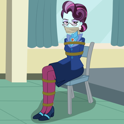 Size: 2000x2000 | Tagged: safe, artist:nie-martw-sie-o-mnie, part of a set, principal abacus cinch, human, equestria girls, g4, bondage, bound and gagged, chair, cloth gag, clothes, eyeshadow, female, femsub, gag, glasses, high heels, makeup, narrowed eyes, pantyhose, rope, rope bondage, shoes, sitting, skirt, solo, submissive