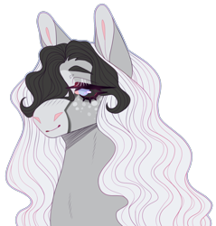 Size: 1752x1835 | Tagged: safe, artist:sleepy-nova, oc, oc only, oc:ghost whisper, earth pony, pony, bags under eyes, blaze (coat marking), blue eyes, bust, coat markings, colored eyebrows, colored muzzle, colored pinnae, colored sclera, earth pony oc, eye clipping through hair, eyebrows, eyebrows visible through hair, facial markings, female, gray coat, gray sclera, hair over one eye, lacrimal caruncle, lidded eyes, long mane, mare, no pupils, pale muzzle, ponysona, portrait, simple background, smiling, solo, tall ears, thick eyelashes, transparent background, two toned mane, wavy mane, white mane