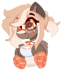 Size: 510x584 | Tagged: safe, artist:rhythmpixel, oc, oc only, oc:cream latte, earth pony, clothes, coffee, colored ears, female, freckles, glasses, leg warmers, lineless, mare, ribbon, simple background, solo, transparent background