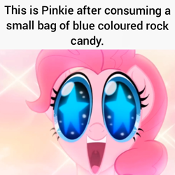 Size: 720x720 | Tagged: safe, artist:trrrebleee, edit, edited screencap, screencap, pinkie pie, earth pony, g4, my little pony: the movie, breaking bad, candy, caption, food, implied crystal meth, implied drugs, implied meth, meme, rock candy, solo, starry eyes, text, wingding eyes