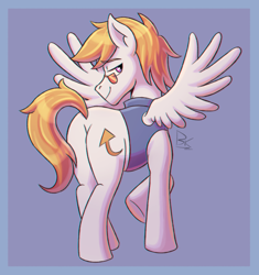 Size: 2124x2263 | Tagged: safe, artist:bkiltersot, oc, oc only, oc:lightpoint, pegasus, pony, butt, clothes, glasses, looking at you, looking back, looking back at you, male, passepartout, pegasus oc, plot, raised hoof, seductive, seductive look, shirt, solo, spread wings, stallion, wings