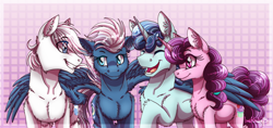 Size: 1268x600 | Tagged: safe, artist:inuhoshi-to-darkpen, double diamond, night glider, party favor, sugar belle, earth pony, pegasus, pony, unicorn, g4, the cutie map, backwards cutie mark, equal four, eyes closed, female, horn, hug, male, mare, open mouth, smiling, stallion, winghug, wings