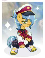 Size: 1290x1688 | Tagged: safe, artist:scarffist, oc, oc only, earth pony, pony, base used, clothes, commission, cute, green eyes, hat, necktie, passepartout, short hair, short mane, simple background, solo, sparkles, uniform, uniform hat, ych result