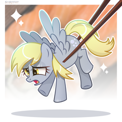 Size: 2072x2064 | Tagged: safe, artist:scarffist, derpy hooves, food pony, pegasus, pony, g4, base used, chopsticks, cute, food, muffin, passepartout, ponified, short hair, short mane, solo, sparkles, sushi, sushi pony, wings, yellow eyes