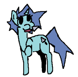 Size: 544x536 | Tagged: artist needed, safe, oc, oc only, oc:trowels out, pony, unicorn, blue mane, cute, female, horn, looking away, looking up, mare, messy mane, ms paint, no source available, raised hoof, raised leg, side view, signature, simple background, smiling, solo, trowel, unicorn oc, white background