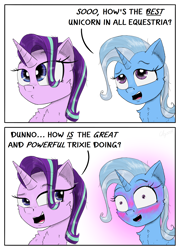 Size: 2000x2778 | Tagged: safe, artist:chopsticks, starlight glimmer, trixie, pony, unicorn, g4, 2 panel comic, blushing, blushing profusely, cheek fluff, chest fluff, comic, cute, dialogue, diatrixes, duo, duo female, ear fluff, eye clipping through hair, eyebrows, eyebrows visible through hair, female, flirting, fluffy, great and powerful, horn, lesbian, ship:startrix, shipping, simple background, smug, smuglight glimmer, text