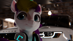 Size: 9600x5400 | Tagged: safe, artist:mrwithered, oc, oc:sprinkles, pony, unicorn, 3d, absurd file size, absurd resolution, blender, car, female, headphones, horn, mare, solo