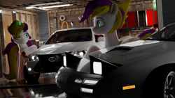 Size: 3840x2160 | Tagged: safe, artist:mrwithered, oc, oc:blazing beats, oc:sprinkles, pegasus, pony, unicorn, g5, 3d, blender, car, duo, female, garage, horn, mare, palindrome get, solo