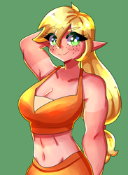 Size: 2369x3240 | Tagged: safe, artist:mylittleyuri, applejack, human, g4, 2d, belly, belly button, breasts, busty applejack, cleavage, elf ears, eyebrows, eyebrows visible through hair, female, freckles, green background, midriff, muscles, muscular female, simple background, solo