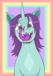 Size: 708x1000 | Tagged: safe, artist:rainbowteeth, oc, oc only, changeling, hybrid, pony, fangs, horn, long tongue, sharp teeth, solo, teeth, tongue out