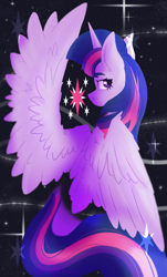 Size: 1433x2370 | Tagged: safe, artist:destiny_manticor, twilight sparkle, alicorn, pony, g4, abstract background, dark background, digital art, eyebrows, eyebrows visible through hair, female, horn, long tail, looking at you, looking back, looking back at you, mare, no mouth, partially open wings, sitting, solo, spread wings, stars, tail, twilight sparkle (alicorn), wings