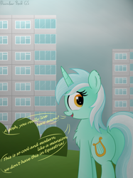 Size: 3016x4032 | Tagged: safe, artist:rainbowšpekgs, lyra heartstrings, pony, unicorn, g4, apartment block, building, bush, butt, chest fluff, city, female, grass, horn, implied anon, looking at you, looking back, looking back at you, mare, open mouth, open smile, overcast, plot, russia, smiling, solo, speech bubble, talking to viewer, text