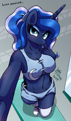 Size: 900x1520 | Tagged: safe, artist:joakaha, princess luna, alicorn, anthro, g4, alternate hairstyle, belly, belly button, breasts, clothes, converse, looking at you, selfie, shoes, solo, sports bra, workout outfit