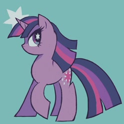 Size: 1350x1358 | Tagged: safe, artist:kickaroc, twilight sparkle, pony, unicorn, g4, blue background, female, hooves, horn, mare, raised hoof, simple background, solo, tail, unicorn twilight