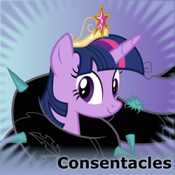 Size: 787x787 | Tagged: safe, artist:saby, derpibooru exclusive, twilight sparkle, alicorn, pony, derpibooru, g4, princess twilight sparkle (episode), .svg available, big crown thingy, bust, consentacles, element of magic, female, jewelry, looking at you, meta, official spoiler image, portrait, regalia, restrained, smiling, smiling at you, solo, spoilered image joke, svg, tentacles, thorn, twilight sparkle (alicorn), vector