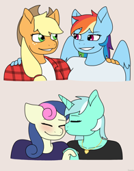 Size: 1450x1850 | Tagged: safe, artist:sivanhe, applejack, bon bon, lyra heartstrings, rainbow dash, sweetie drops, pegasus, unicorn, anthro, g4, cheek kiss, eyes closed, female, horn, kissing, lesbian, ship:appledash, ship:lyrabon, shipping, simple background