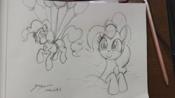 Size: 4080x2296 | Tagged: safe, artist:mrzemano009, pinkie pie, earth pony, g4, balloon, drawing, female, floating, paper, pencil drawing, then watch her balloons lift her up to the sky, traditional art