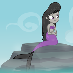 Size: 1920x1920 | Tagged: safe, artist:grapefruit-face, octavia melody, mermaid, equestria girls, g4, base used, bra, fish tail, lidded eyes, looking to the right, ocean, rock, scales, seashell, seashell bra, sitting, smiling, solo, tail, water