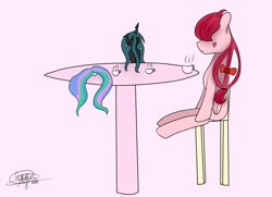 Size: 2560x1855 | Tagged: source needed, safe, artist:sky, princess celestia, queen chrysalis, oc, oc:laeti, changeling, pony, g4, chair, cup, female, pink background, simple background, table, teacup, trio, trio female