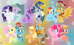 Size: 3280x2000 | Tagged: safe, artist:kathepart, applejack, flash magnus, fluttershy, meadowbrook, mistmane, pinkie pie, rainbow dash, rarity, rockhoof, somnambula, star swirl the bearded, twilight sparkle, alicorn, earth pony, pegasus, pony, unicorn, g4, egyptian, egyptian headdress, egyptian pony, gradient background, horn, mane six, twilight sparkle (alicorn)