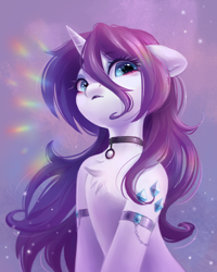 Size: 2400x3000 | Tagged: safe, artist:melodylibris, rarity, pony, unicorn, g4, 3d cutie mark, abstract background, alternate hairstyle, alternative cutie mark placement, arm band, armlet, blushing, chest fluff, choker, cute, cutie mark eyes, digital painting, draw this in your style, ear fluff, eye clipping through hair, eyebrows, eyebrows visible through hair, eyelashes, female, floppy ears, halfbody, high res, horn, human shoulders, jewelry, lineless, lipstick, long mane, looking at you, looking down, looking down at you, loose hair, mare, purple lipstick, raribetes, shoulder cutie mark, slender, solo, sparkles, sparkly background, thin, unicorn horn, wavy mane, wingding eyes