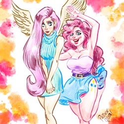 Size: 1000x1000 | Tagged: safe, artist:patrickojota, fluttershy, pinkie pie, human, g4, cutie mark on human, duo, duo female, female, humanized