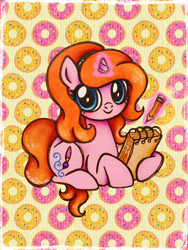 Size: 1536x2048 | Tagged: safe, artist:dariarchangel, oc, oc only, oc:dazha, unicorn, g4, adorable face, artist pony, big eyes, blue eyes, blushing, cute, cute smile, daaaaaaaaaaaw, donut, drawing, female, food, hairband, headband, hoof hold, horn, levitation, looking at you, lying down, magic, magic aura, mare, notebook, ocbetes, orange hair, orange mane, orange tail, patterned background, pencil, pink coat, prone, small horn, smiling, smiling at you, solo, tail, telekinesis, traditional art, unicorn horn, unicorn oc