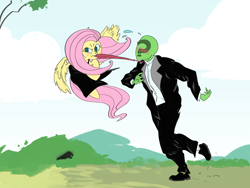 Size: 4800x3600 | Tagged: safe, artist:ponny, fluttershy, oc, oc:anon, human, pegasus, pony, g4, assertive, blushing, clothes, drawthread, dress, duo, duo male and female, female, flying, human oc, male, mare, mouth hold, necktie, pulling, request, requested art, stumbling, suit