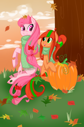 Size: 1728x2592 | Tagged: safe, artist:watermelonna, oc, oc only, oc:laeti, changeling, changepony, hybrid, pony, 2013, clothes, duo, leaves, old art, pumpkin, scarf, shared clothing, shared scarf, tree