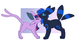 Size: 1156x677 | Tagged: safe, artist:lulubell, princess luna, twilight sparkle, espeon, umbreon, g4, butt, chest fluff, crossover, duo, duo female, ethereal mane, eyeshadow, female, freckles, freckluna, gradient background, lesbian, looking at each other, looking at someone, makeup, passepartout, paws, plot, pokémon, ship:twiluna, shipping, simple background, sparkly mane, species swap, split tail, tail, tail wag, white background