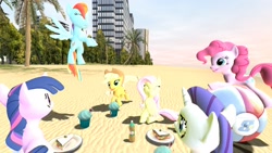 Size: 1920x1080 | Tagged: safe, artist:mrzemano009, applejack, fluttershy, pinkie pie, rainbow dash, rarity, twilight sparkle, earth pony, pegasus, pony, unicorn, g4, 3d, beach, cupcake, eyes closed, food, horn, mane six, sandwich, source filmmaker, sports, unicorn twilight, volleyball