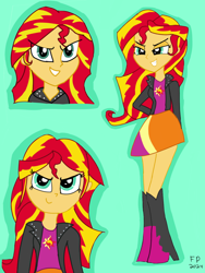 Size: 1620x2160 | Tagged: safe, artist:funnypancake, sunset shimmer, human, equestria girls, g4, boots, clothes, green background, high heel boots, jacket, shirt, shoes, simple background, skirt, solo