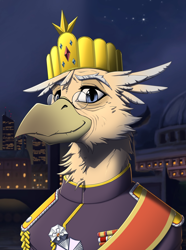 Size: 2000x2692 | Tagged: safe, artist:twotail813, oc, oc only, oc:grover vi, griffon, equestria at war mod, blue eyes, bridge, bust, city, clothes, crown, glasses, griffon oc, houses, jewelry, looking at you, medals, monarch, night, night sky, older, older grover vi, palace, portrait, regalia, sky, skyscraper, stars, three quarter view