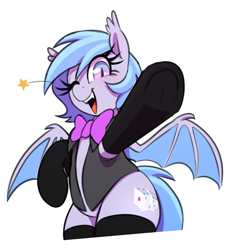 Size: 1600x1750 | Tagged: safe, artist:thebatfang, oc, oc only, oc:lucky roll, bat pony, pony, bat pony oc, bowtie, clothes, cute, looking at you, necktie, ocbetes, one eye closed, simple background, smiling, smiling at you, solo, spread wings, stockings, thigh highs, transparent background, wings, wink, winking at you