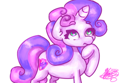 Size: 3600x2400 | Tagged: safe, artist:mannybcadavera, sweetie belle, pony, unicorn, g4, eyebrows, eyebrows visible through hair, female, filly, foal, high res, hoof on chin, horn, looking up, signature, simple background, solo, thinking, white background