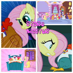 Size: 1280x1280 | Tagged: safe, artist:xxxkayceejrxxx, edit, edited screencap, screencap, apple bloom, fluttershy, scootaloo, sweetie belle, bird, chicken, cockatrice, earth pony, pegasus, pony, unicorn, g4, season 1, stare master, bed, carousel boutique, cutie mark crusaders, female, filly, fluttershy's bedroom, foal, horn, hush now quiet now, mare, speed lines, stare, the stare