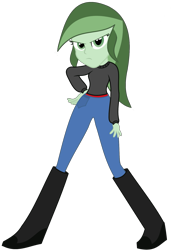 Size: 1175x1710 | Tagged: safe, artist:partypievt, oc, oc only, oc:olive martini, human, equestria girls, g4, 2013, boots, clothes, denim, equestria girls oc, equestria girls-ified, green eyes, green hair, green skin, high heel boots, jeans, old art, pants, shirt, shoes, simple background, solo, transparent background