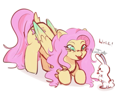 Size: 663x490 | Tagged: safe, artist:h3yooo, angel bunny, fluttershy, pegasus, pony, rabbit, g4, animal, duo, raspberry, simple background, tongue out, white background