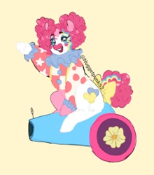 Size: 552x628 | Tagged: safe, artist:nuggetpunks2, pinkie pie, earth pony, pony, g4, alternate hairstyle, clown, clown makeup, clown outfit, looking at you, open mouth, open smile, party cannon, smiling, solo, waving