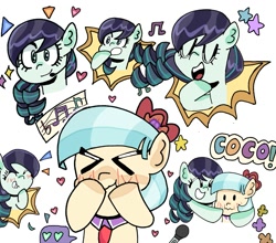 Size: 2003x1759 | Tagged: safe, artist:fluttereinites, coco pommel, coloratura, earth pony, g4, blushing, eyes closed, female, hug, kissy face, lesbian, microphone, music notes, open mouth, open smile, ship:cocotura, shipping, singing, smiling