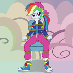 Size: 2000x2000 | Tagged: safe, artist:nie-martw-sie-o-mnie, part of a set, rainbow dash, human, equestria girls, equestria girls specials, g4, my little pony equestria girls: dance magic, backwards ballcap, baseball cap, bondage, bound and gagged, cap, cleave gag, cloth gag, clothes, dashsub, female, femsub, gag, hat, jacket, kidnapped, pants, rope, rope bondage, shoes, sneakers, solo, submissive, sweatpants, tied to chair