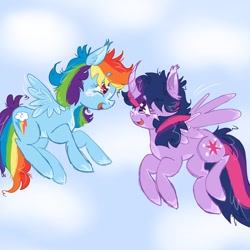 Size: 1280x1280 | Tagged: safe, artist:tw1pie, rainbow dash, twilight sparkle, alicorn, pegasus, pony, g4, coat markings, colored wings, colored wingtips, curved horn, female, flying, happy, horn, lesbian, looking at each other, looking at someone, open mouth, open smile, ship:twidash, shipping, smiling, socks (coat markings), spread wings, twilight sparkle (alicorn), wings